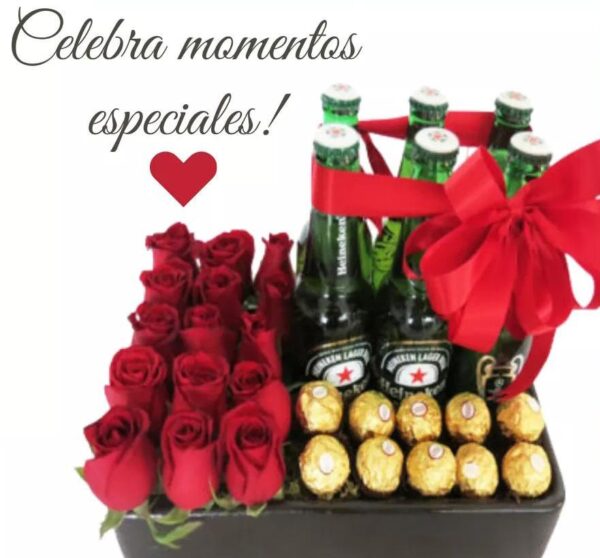 Arreglo floral con cervezas y chocolates